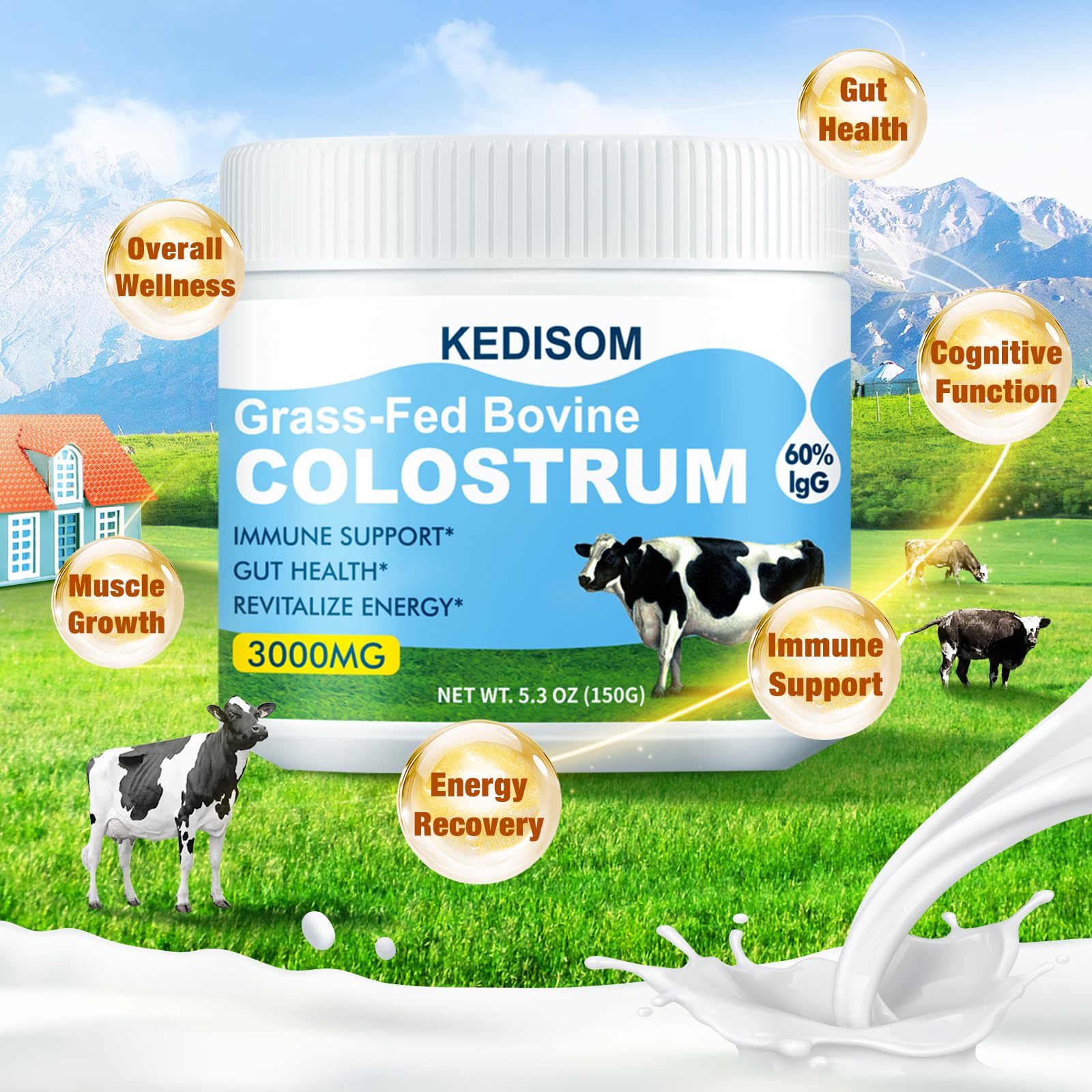 KEDISOM Grass-Fed Bovine Colostrum Supplement Powder - 60% High IgG 3000 mg for Gut Health, Immune Support - Easy to Mix Natural Liposomal Colostrum Superfood, Unflavored, 50 Servings KEDISOMBuy Supplements Australia