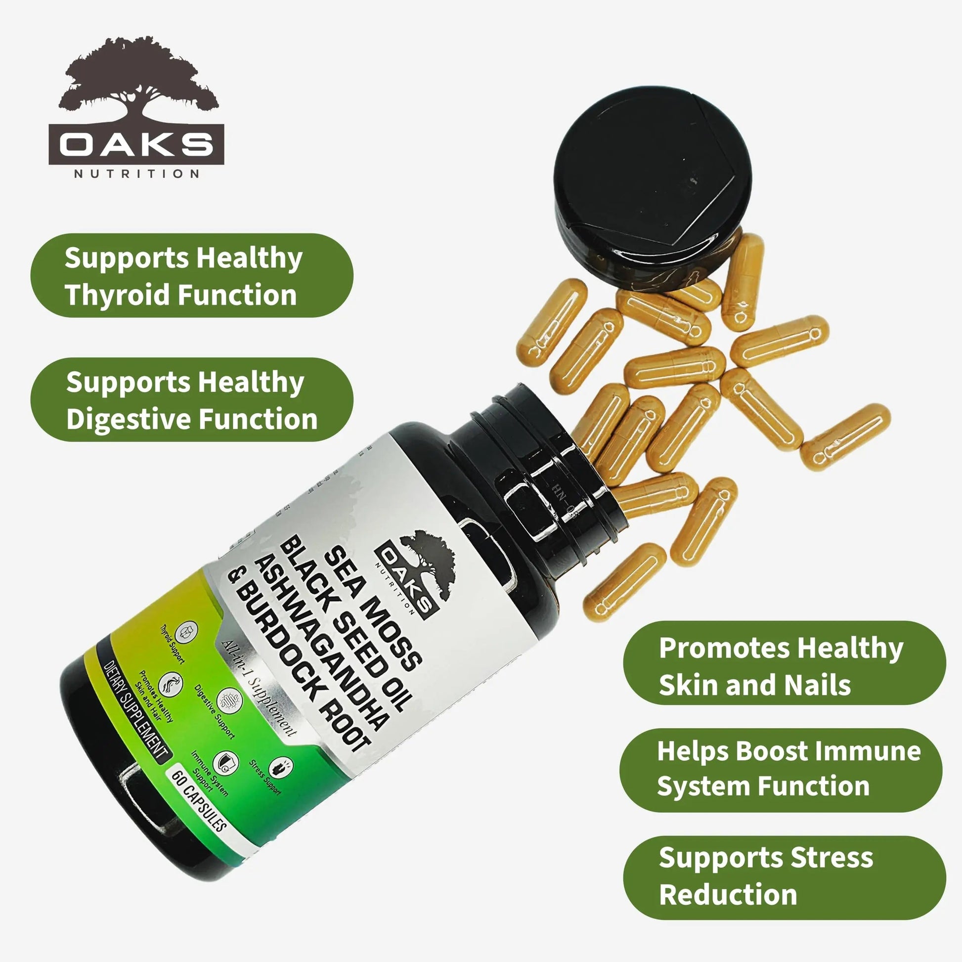 Oaks Nutrition Premium 15-in-1 Sea Moss Multivitamin with Black Seed Oil, Ashwagandha, Turmeric, Bladderwrack, Burdock, Elderberry Oaks NutritionBuy Supplements Australia