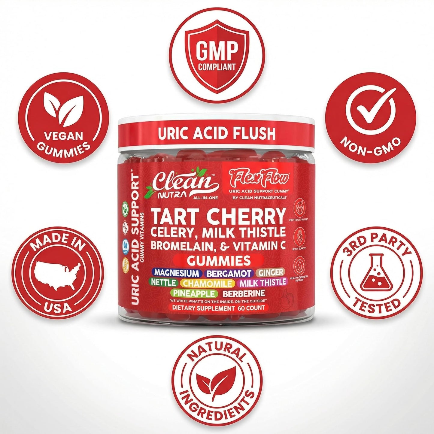Clean Nutra Tart Cherry Gummies Uric Acid Flush Celery Milk Thistle Bromelain Vitamin C Magnesium Citrus Bergamot Ginger Stinging Nettle Leaf Chamomile Berberine Quercetin Support 60 Gummy Vitamins Clean NutraceuticalsBuy Supplements Australia
