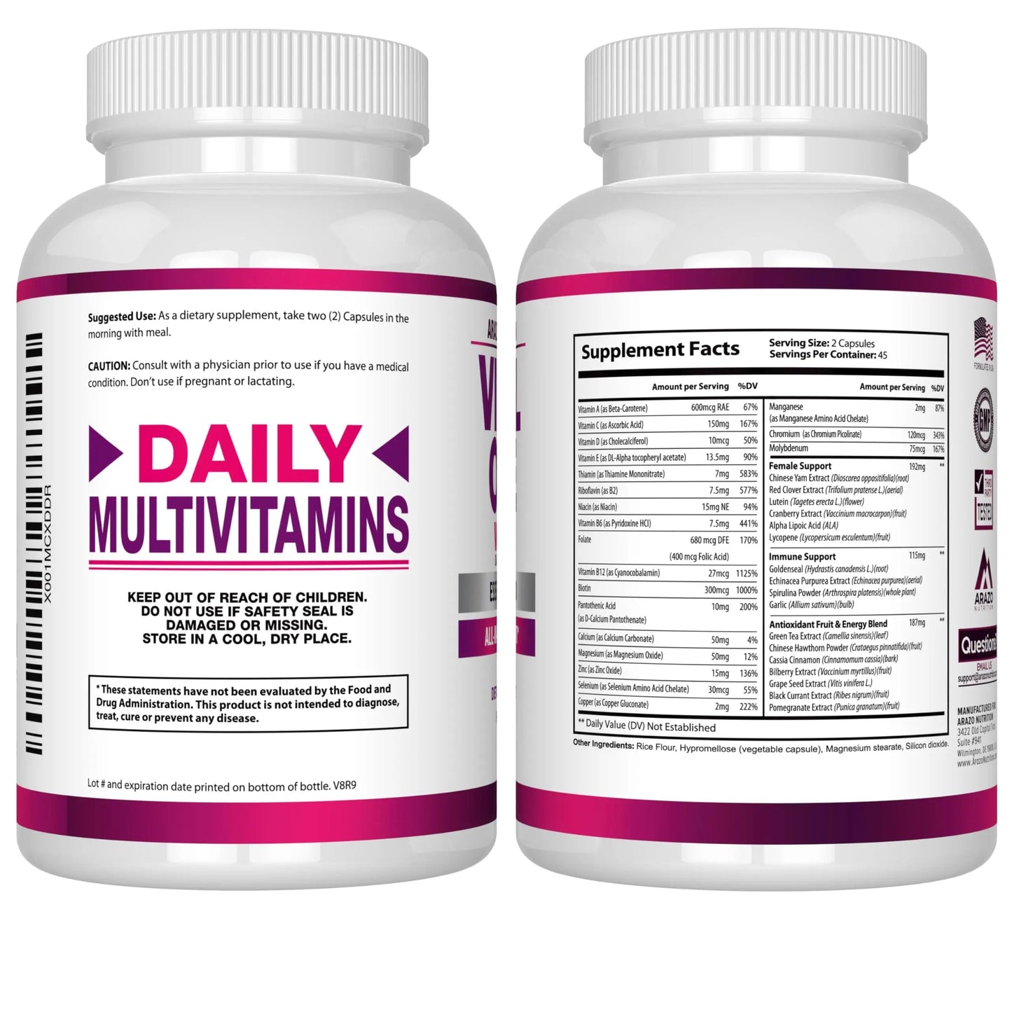 Arazo Nutrition Vital One Multivitamin for Women - Daily Wholefood Supplement - 90 Vegan Capsules Arazo Nutrition