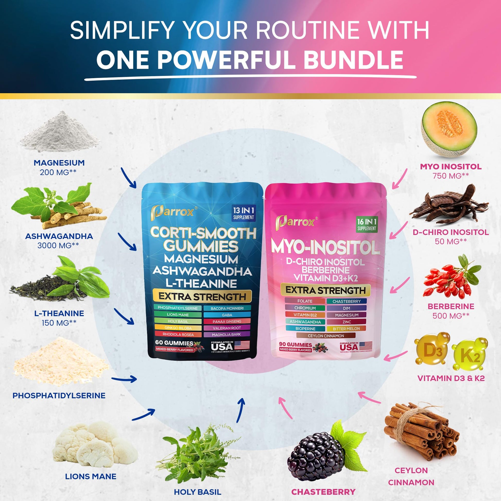 Soothe & Smooth Bundle Gummies - Cortisol & Myo-Inositol Supplement with D-Chiro Inositol, Berberine, Magenesium, Ashwagandha, L-Theanine, Vitamins D3+K2 & B12, Folate, Zinc Lion's Mane (150 Gummies) ParroxBuy Supplements Australia