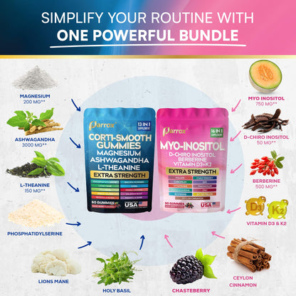 Soothe & Smooth Bundle Gummies - Cortisol & Myo-Inositol Supplement with D-Chiro Inositol, Berberine, Magenesium, Ashwagandha, L-Theanine, Vitamins D3+K2 & B12, Folate, Zinc Lion's Mane (150 Gummies) ParroxBuy Supplements Australia