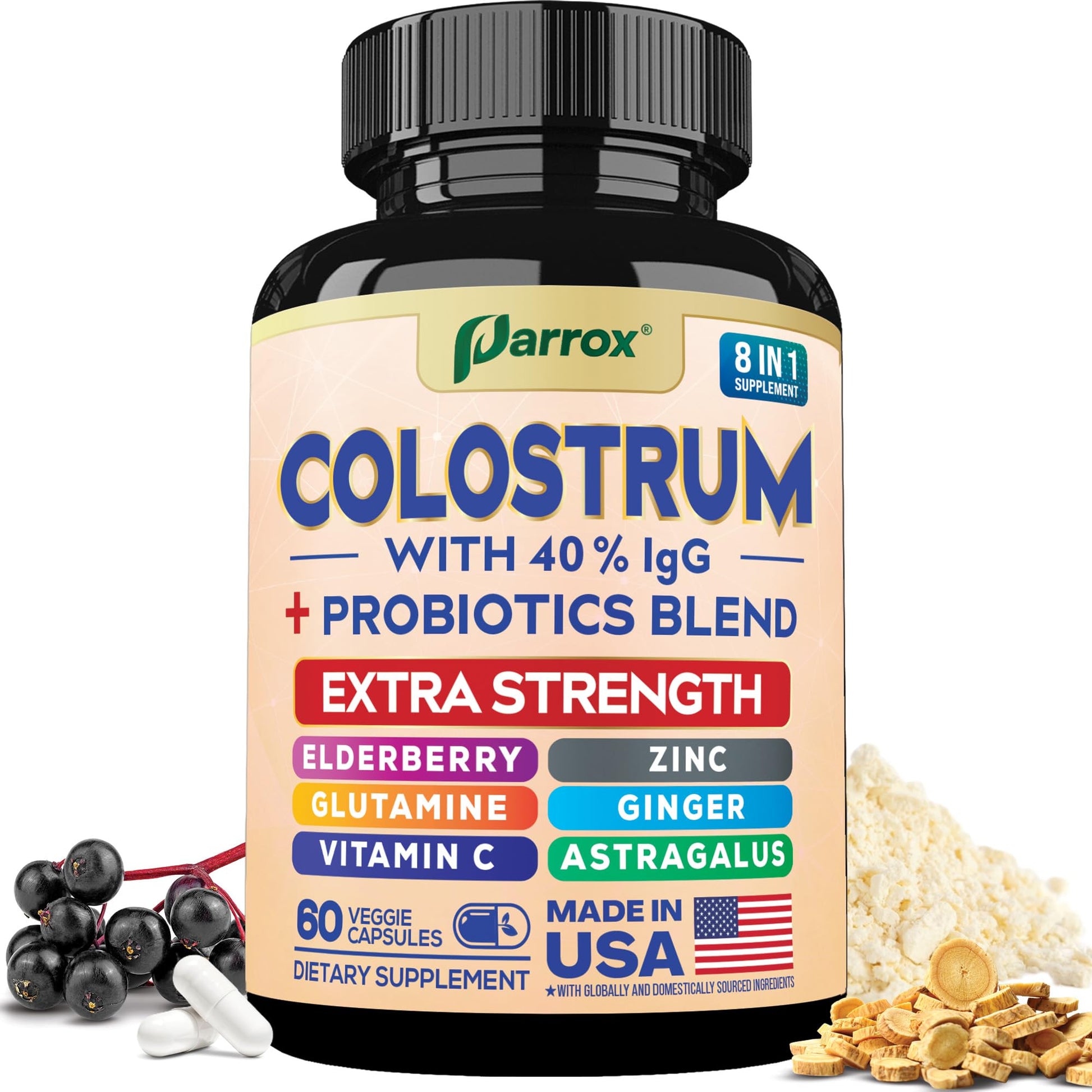 Parrox Colostrum Supplement Capsules, Grass Fed Cow Colostrum with 40% IgG, Probiotics Blend, Elderberry, Astragalus, Zinc, Ginger, Vitamin C, L-Glutamine, 8 in 1 Extra Strength Bovine Boost (60 Caps) ParroxBuy Supplements Australia