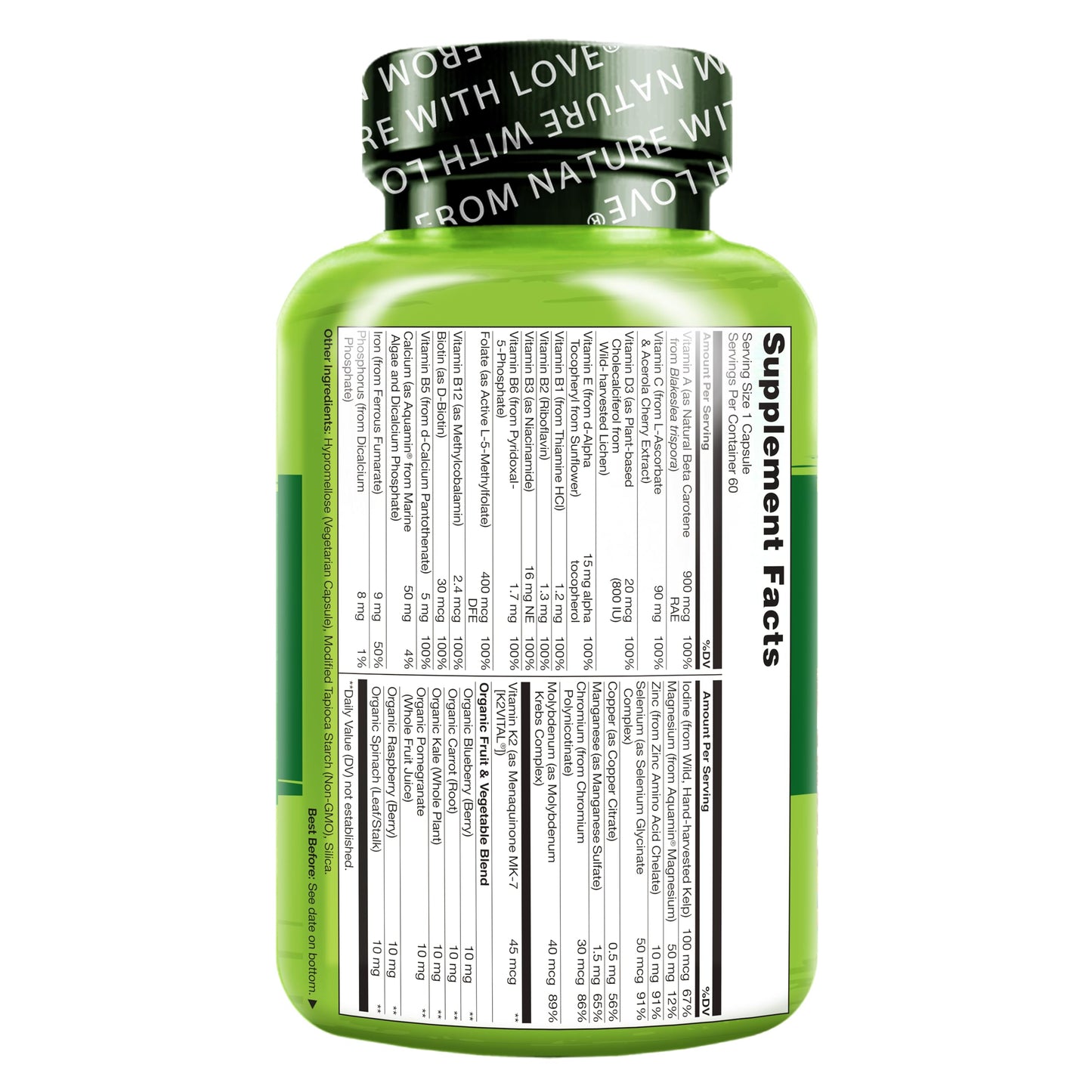 NATURELO One Daily Multivitamin for Women w/Vitamin B12, 60 Ct, Energy Support, Whole Food Daily Women Multivitamin Supplement, Nourish Hair/Skin/Nail, Non-GMO