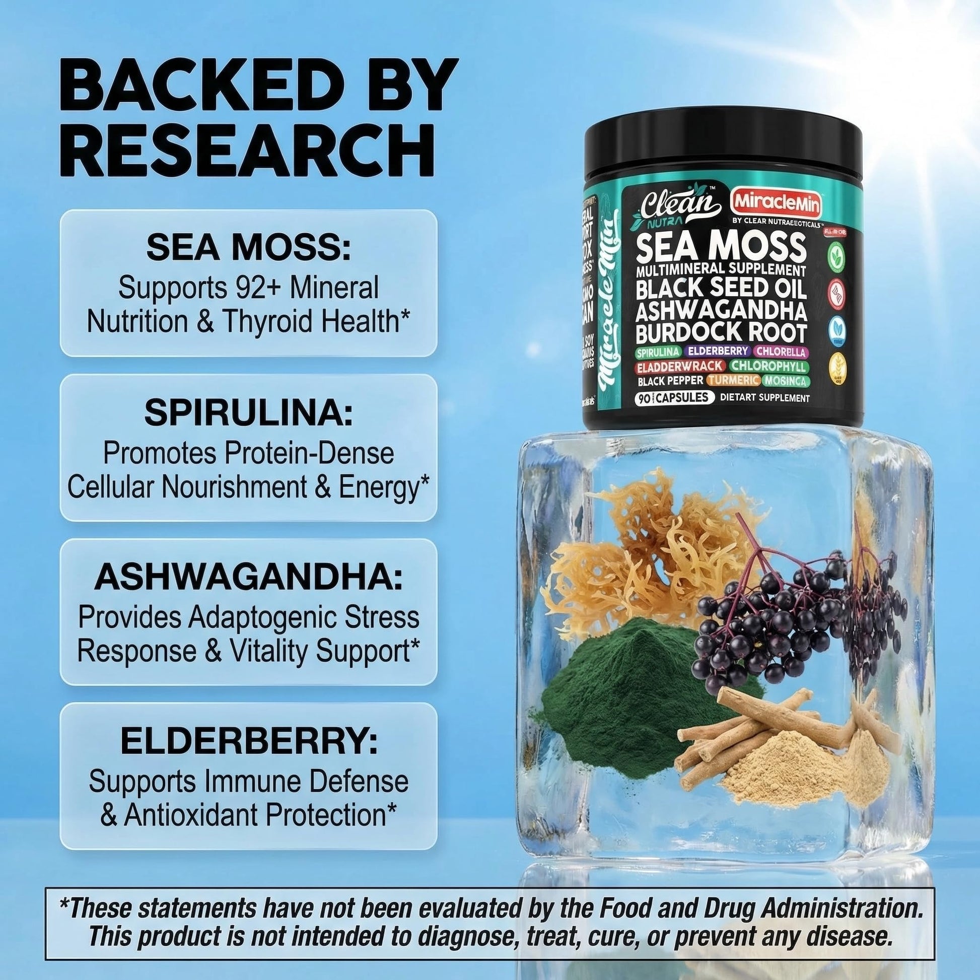 Clean Nutra Organic Sea Moss Capsules with Ashwagandha, Black Seed Oil, Burdock Root, Bladderwrack, Moringa, Chlorella, Spirulina, Turmeric, Elderberry, Amla – 90 Vegan Capsules – MiracleMin Clean NutraceuticalsBuy Supplements Australia