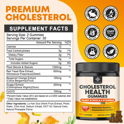 Cholesterol Supplements with 1200mg Plant Sterols & Stanols, Guggul, Bergamot, Red Yeast Rice, Cholesterol Complex Gummies Support Healthy Cholesterol Levels, Pineapple Flavor, 60 Counts YANLUOBOBuy Supplements Australia