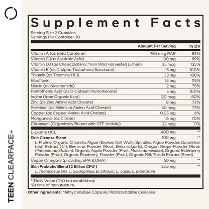 Codeage Teen Clearface Adolescent Face, Skin & Pimples, Vitamins A, C, D3, E, Pantothenic Acid, Niacin, Zinc Supplement Teenagers, Probiotics, L-Lysine, Omega-3, Oily Skin, Pores, Spots - 60 Capsules CodeageBuy Supplements Australia
