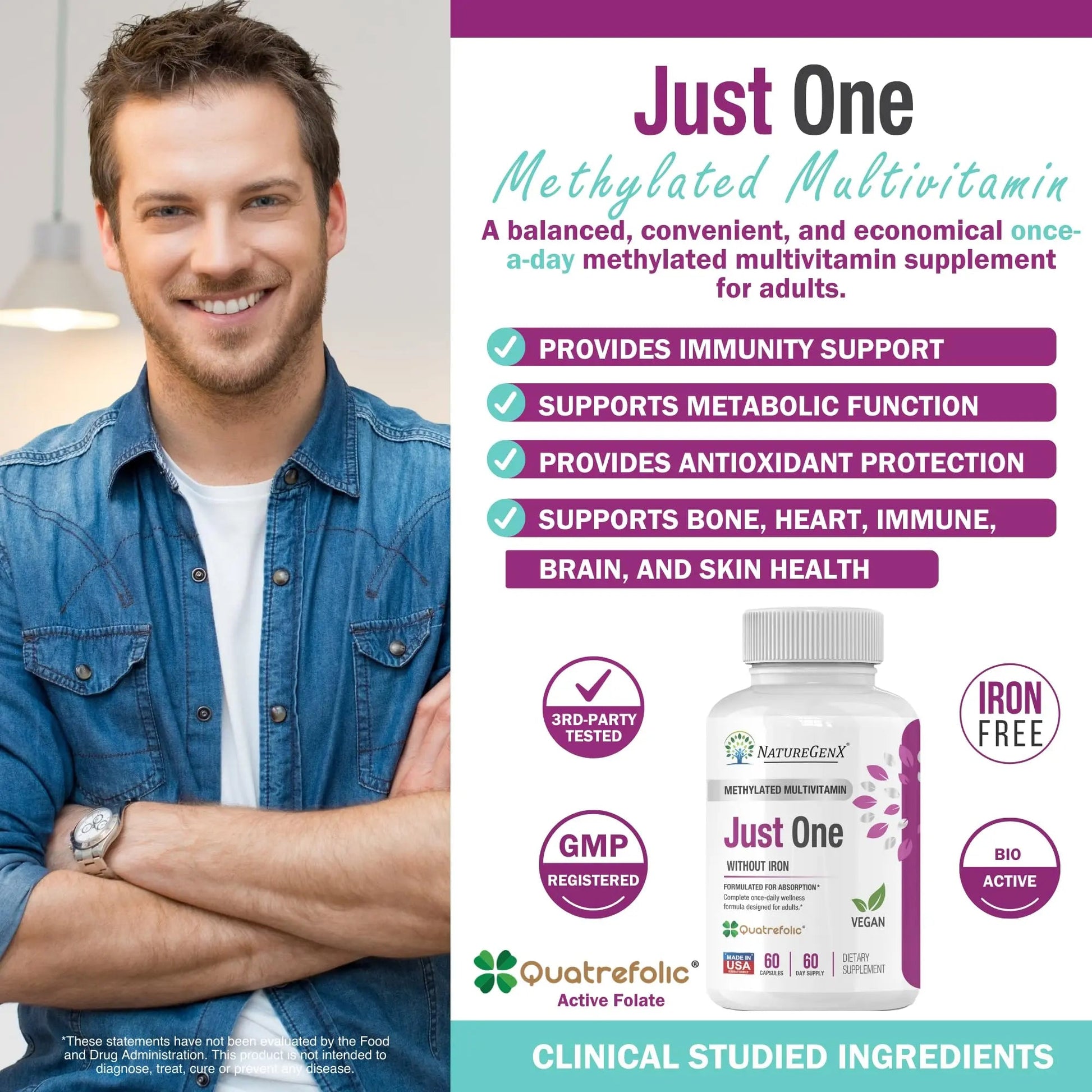 NatureGenX Just One Daily Methylated Multivitamin - 60 Caps Pure Methyl B12, Methylfolate MTHFR Support Supplement Iron Free Methylated Vitamins NatureGenXBuy Supplements Australia