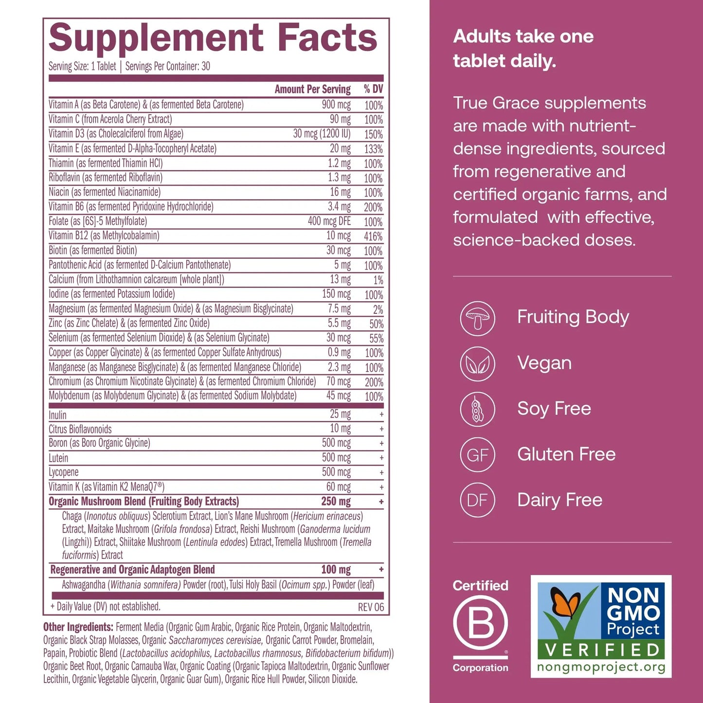 True Grace One Daily Women’s Multivitamin 40+ Fermented Minerals, Organic Adaptogens & Mushrooms Energy, Immune, Bone Support True Grace