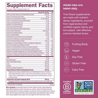 True Grace One Daily Women’s Multivitamin 40+ Fermented Minerals, Organic Adaptogens & Mushrooms Energy, Immune, Bone Support True Grace