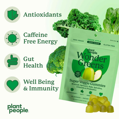 Plant People WonderGreens Veggie Gummies Super Greens with Probiotics Multivitamin Support Gummy for Wellbeing, Energy, Immune and Gut Health, Green Apple Flavor (60 Count) Plant PeopleBuy Supplements Australia