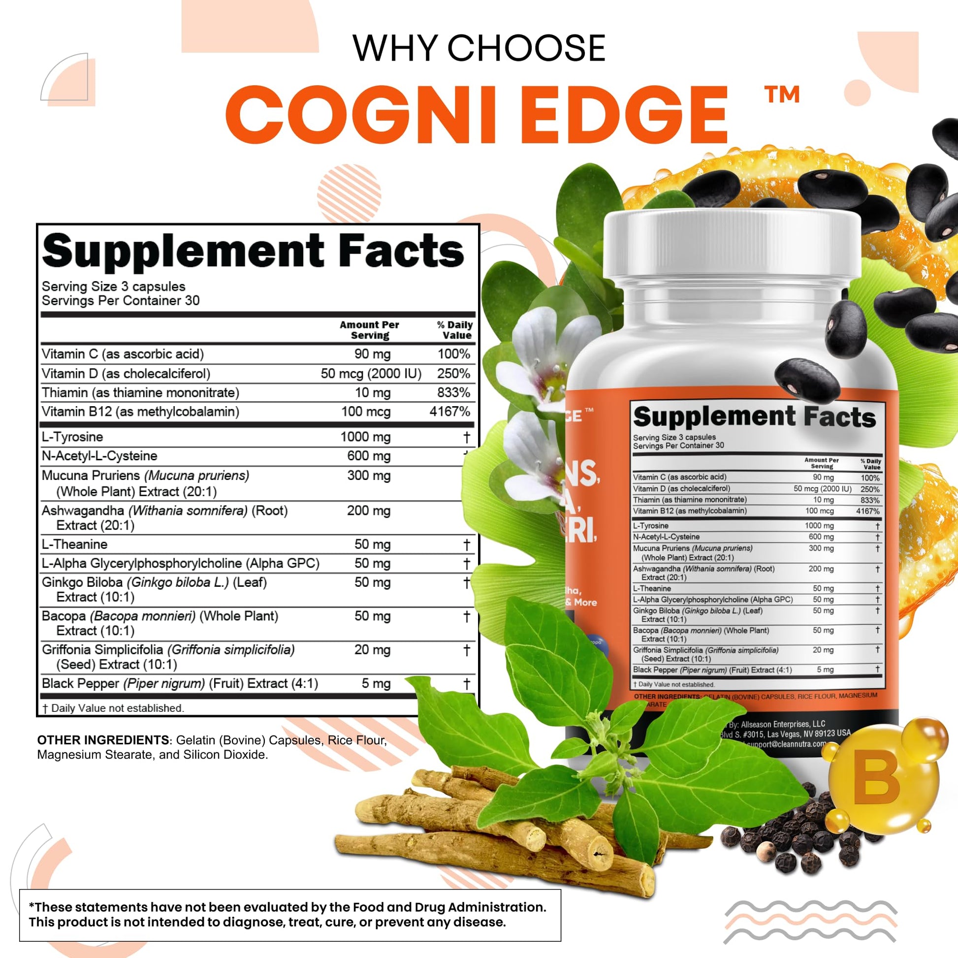 Clean Nutraceuticals L Tyrosine Mucuna Pruriens Bacopa Monnieri Ashwagandha Focus Supplement w/N-Acetyl Cysteine NAC 5-HTP Ginkgo Biloba Alpha GPC Vitamin C D B1 B12 Clean NutraceuticalsBuy Supplements Australia