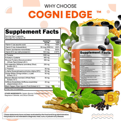 Clean Nutraceuticals L Tyrosine Mucuna Pruriens Bacopa Monnieri Ashwagandha Focus Supplement w/N-Acetyl Cysteine NAC 5-HTP Ginkgo Biloba Alpha GPC Vitamin C D B1 B12 Clean NutraceuticalsBuy Supplements Australia