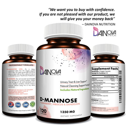 Dainova D Mannose 1350mg with Cranberry I D-Mannose Capsules for UTI Prevention, Urinary Tract Support, Urinary Tract Health for Women, & Cleanse. W/Hibiscus & Dandelion, 120 Veggie Capsules Dainova NutritionBuy Supplements Australia
