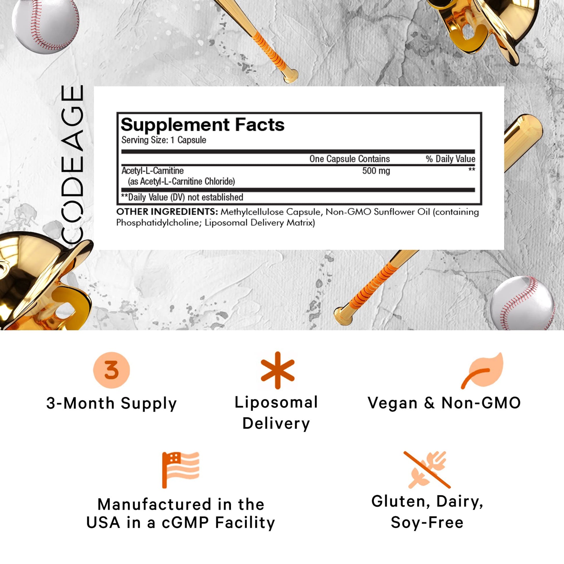 Codeage Liposomal Acetyl-L-Carnitine+ Supplement - 500 mg Acetyl-L-Carnitine per Serving - 3-Month Supply, Liposomal Delivery - Alcar Supplement - L-Carnitine - Non-GMO, Gluten-Free, 90 Capsules CodeageBuy Supplements Australia