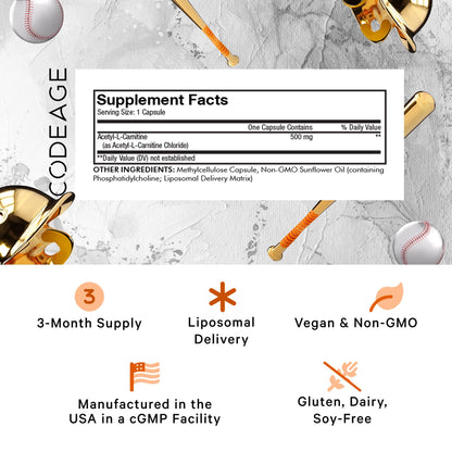 Codeage Liposomal Acetyl-L-Carnitine+ Supplement - 500 mg Acetyl-L-Carnitine per Serving - 3-Month Supply, Liposomal Delivery - Alcar Supplement - L-Carnitine - Non-GMO, Gluten-Free, 90 Capsules CodeageBuy Supplements Australia