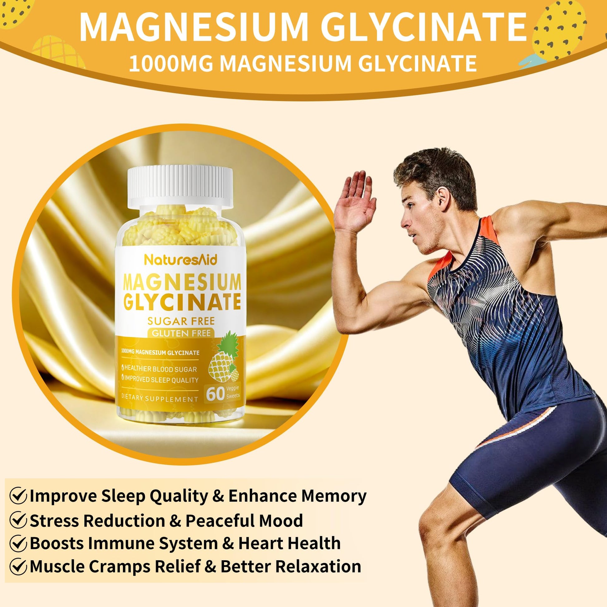 Magnesium Glycinate Gummies 1000mg - Sugar Free Magnesium Potassium Supplement with Vitamin D, B6, CoQ10 for Calm Mood & Sleep Support - 60 Pineapple Gummies -1 Pack Natures AidBuy Supplements Australia