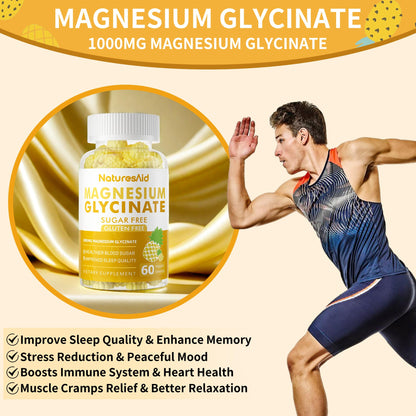 Magnesium Glycinate Gummies 1000mg - Sugar Free Magnesium Potassium Supplement with Vitamin D, B6, CoQ10 for Calm Mood & Sleep Support - 60 Pineapple Gummies -1 Pack Natures AidBuy Supplements Australia