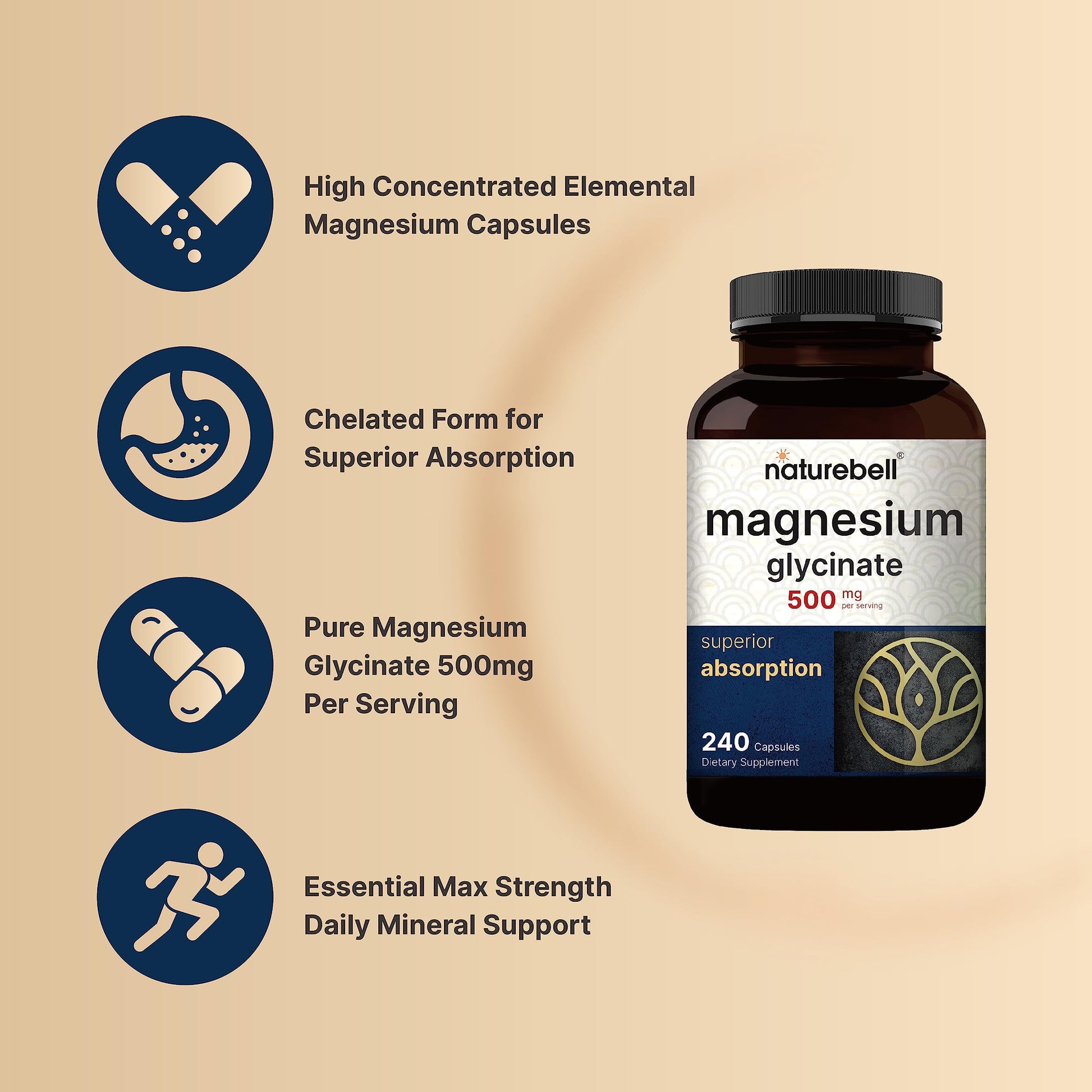 Magnesium Glycinate Capsules 500mg | 240 Count, 100% Chelated & Purified, 3rd Party NatureBellBuy Supplements Australia