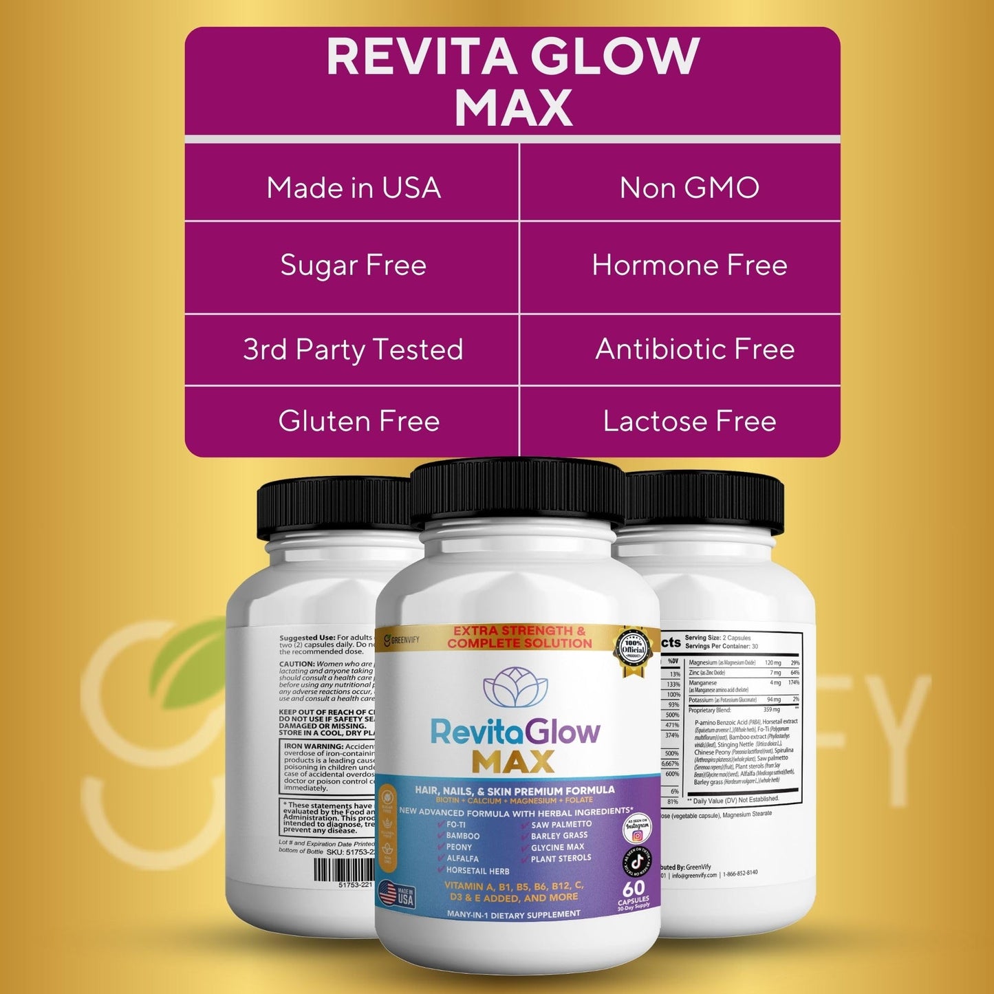 GREENVIFY RevitaGlow Max Hair, Nails & Skin Premium Formula, 60 Capsules, 30-Day Supply, with Biotin, Vitamins A, B1, B5, B6, B12, C, D3, E (1) GREENVIFYBuy Supplements Australia