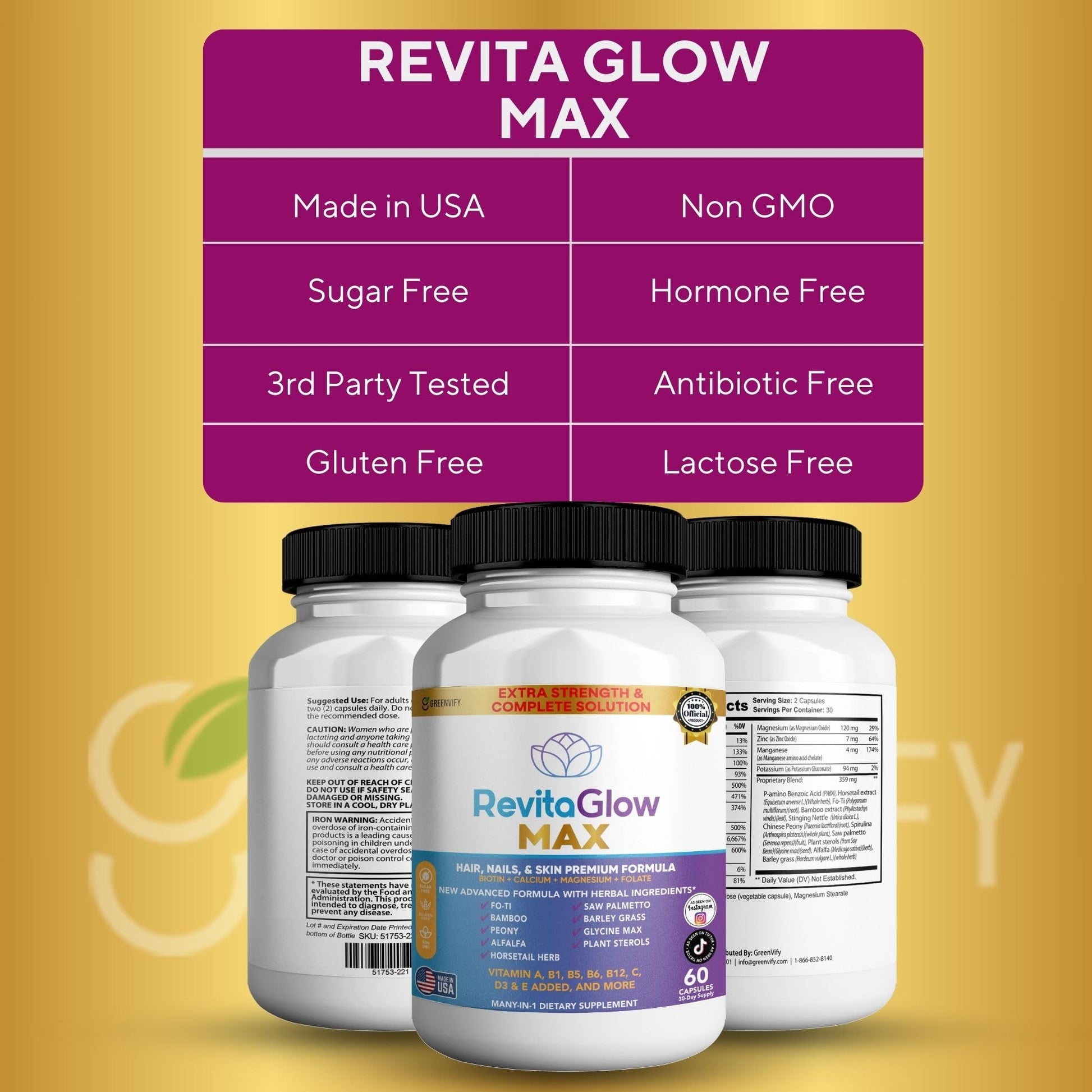 GREENVIFY RevitaGlow Max Hair, Nails & Skin Premium Formula, 60 Capsules, 30-Day Supply, with Biotin, Vitamins A, B1, B5, B6, B12, C, D3, E (1) GREENVIFYBuy Supplements Australia