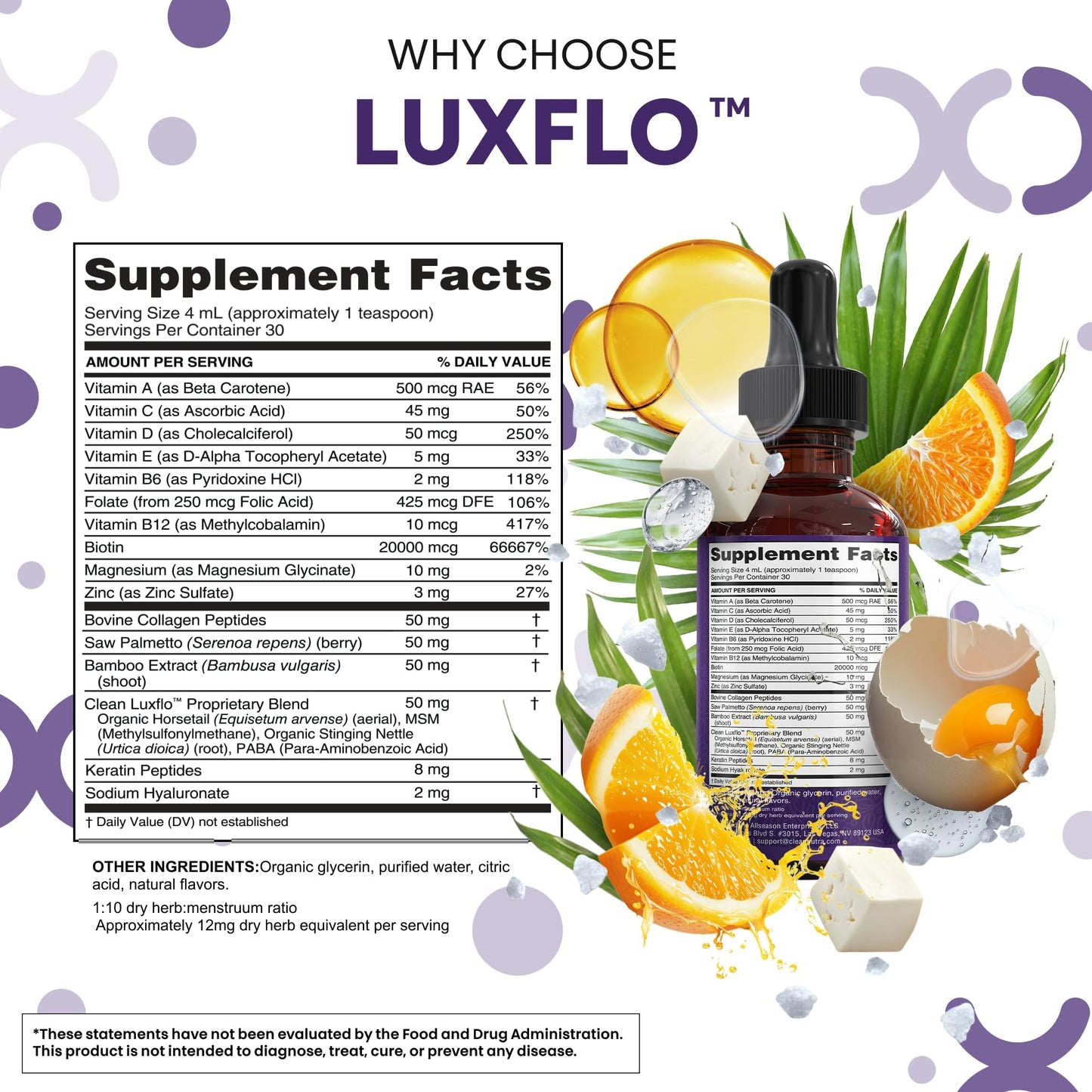 Liquid Biotin & Collagen Keratin Hyaluronic Acid Saw Palmetto Drops Vitamins for Hair Growth Support Silica Vitamin A C D Bamboo Turmeric Zinc Folate Magnesium Horsetail LuxFlo By Clean Nutra Clean NutraceuticalsBuy Supplements Australia