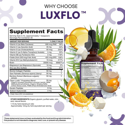 Liquid Biotin & Collagen Keratin Hyaluronic Acid Saw Palmetto Drops Vitamins for Hair Growth Support Silica Vitamin A C D Bamboo Turmeric Zinc Folate Magnesium Horsetail LuxFlo By Clean Nutra Clean NutraceuticalsBuy Supplements Australia