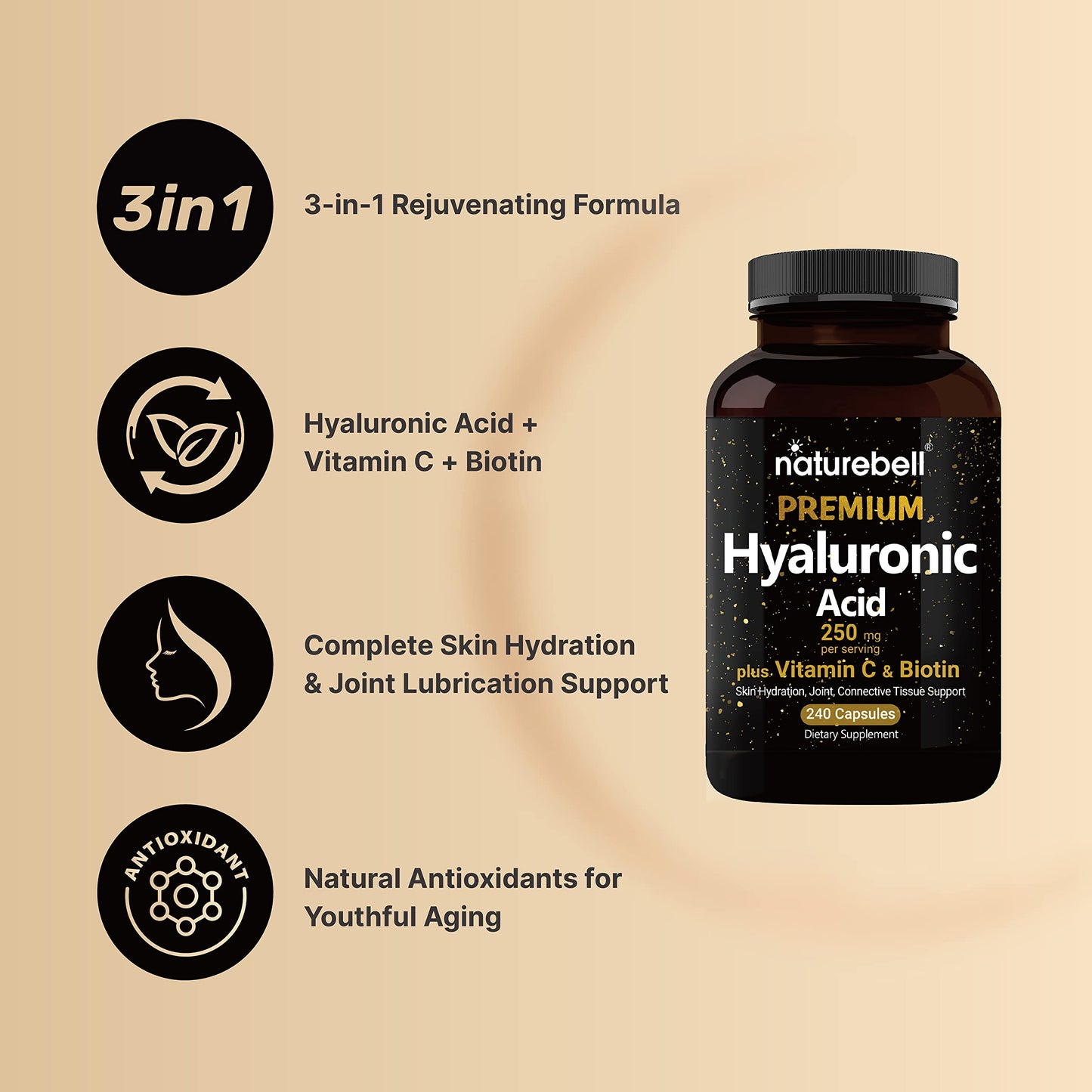 NatureBell 2 Pack Plant Based Hyaluronic Acid Supplements 250mg with 25mg Vitamin C NatureBellBuy Supplements Australia