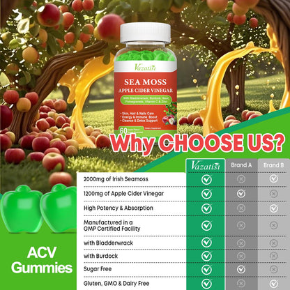 Vazatisi 2 Pack Apple Cider Vinegar Gummies, ACV with Sea Moss Gummies for Metabolism, Digestion, Detox, Gut & Immune Health, Apple Flavored -120 Count VazatisiBuy Supplements Australia