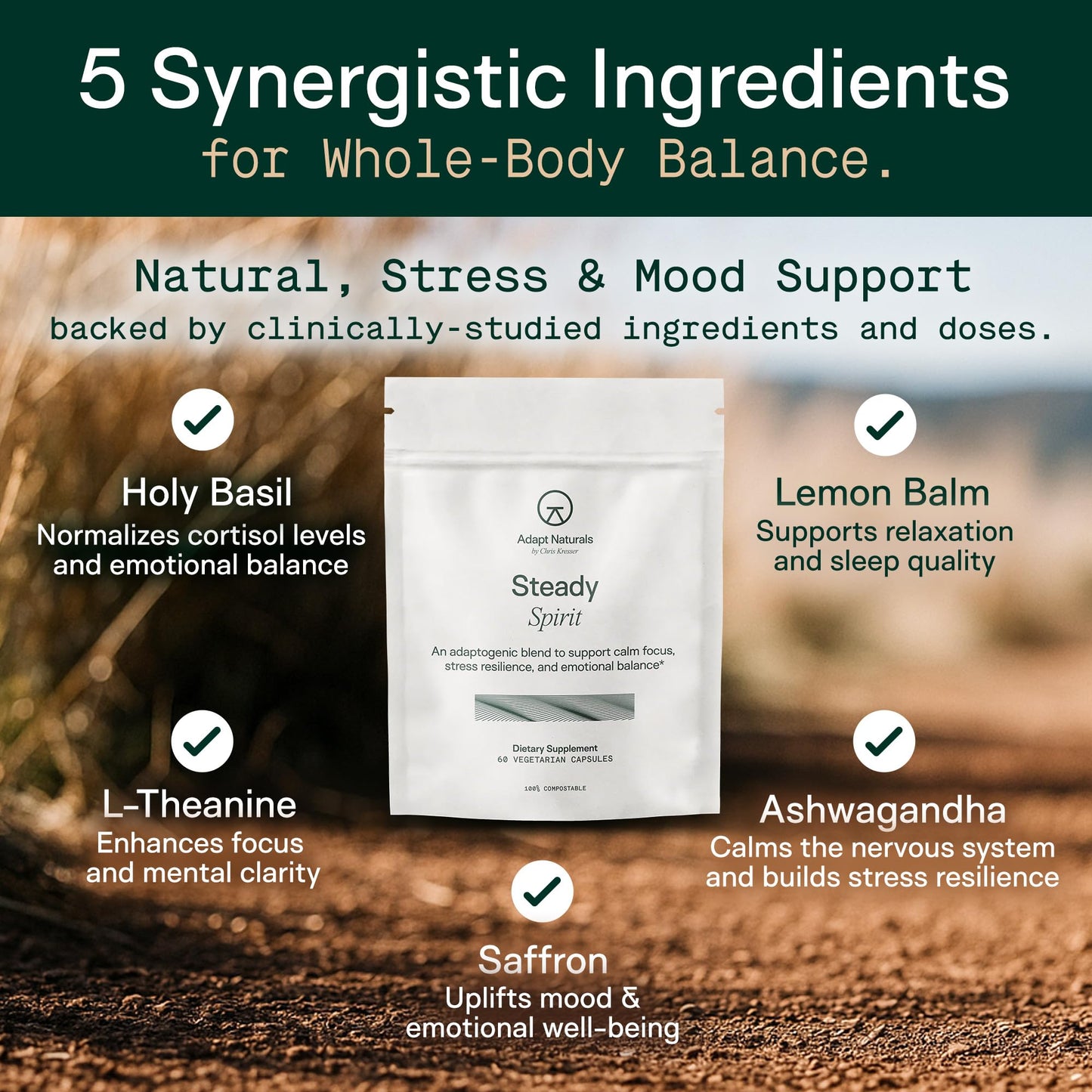 Adapt Naturals Steady Spirit Stress, Anxiety & Mood Support Supplement for Women and Men with Ashwagandha, L-Theanine, Holy Basil, Saffron, and Lemon Balm - Stress Relief Supplement - 30 Day Supply ADAPT NATURALS BY CHRIS KRESSERBuy Supplements Australia