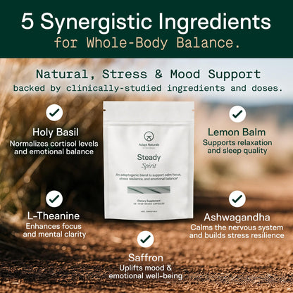 Adapt Naturals Steady Spirit Stress, Anxiety & Mood Support Supplement for Women and Men with Ashwagandha, L-Theanine, Holy Basil, Saffron, and Lemon Balm - Stress Relief Supplement - 30 Day Supply ADAPT NATURALS BY CHRIS KRESSERBuy Supplements Australia