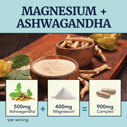 Magnesium Ashwagandha | Calming Magnesium Supplement for Adults | Relax, Rest, Calm Mood & Sleep Support | Mag Citrate & Oxide 400 mg + Ashwagandha 500 mg