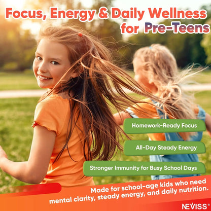 Methylated Multivitamin for Kids Pre-Teen Teens Gummies, Vitamin w/ Omega-3(DHA), Choline, Calcium, D3 K2, Methylfolate & B12 NEVISS