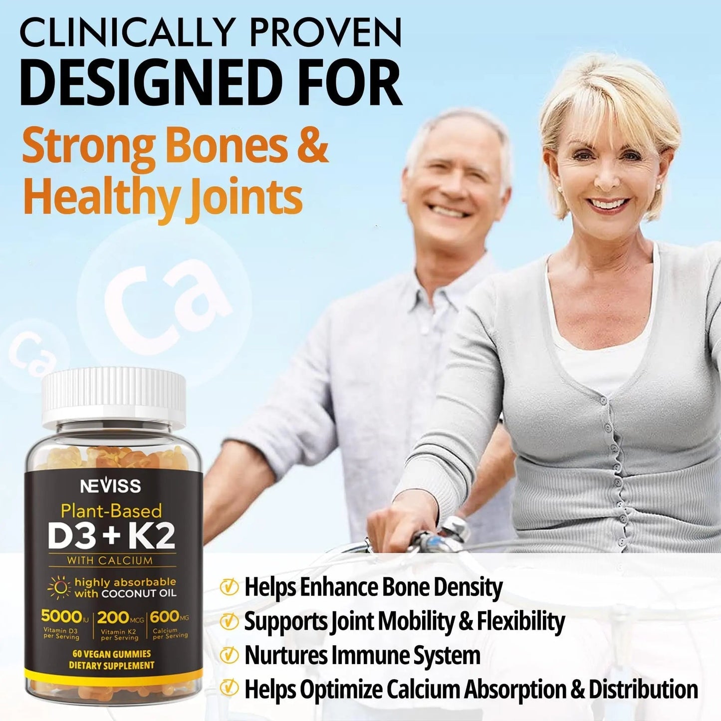 NEVISS 50+ Daily Gummy Multivitamin Algae Omega 3 & Calcium, CoQ10, Magnesium + Vitamin D3 5000IU Gummies 125mcg with Calcium 600mg, K2(MK7) 200mcg NEVISSBuy Supplements Australia