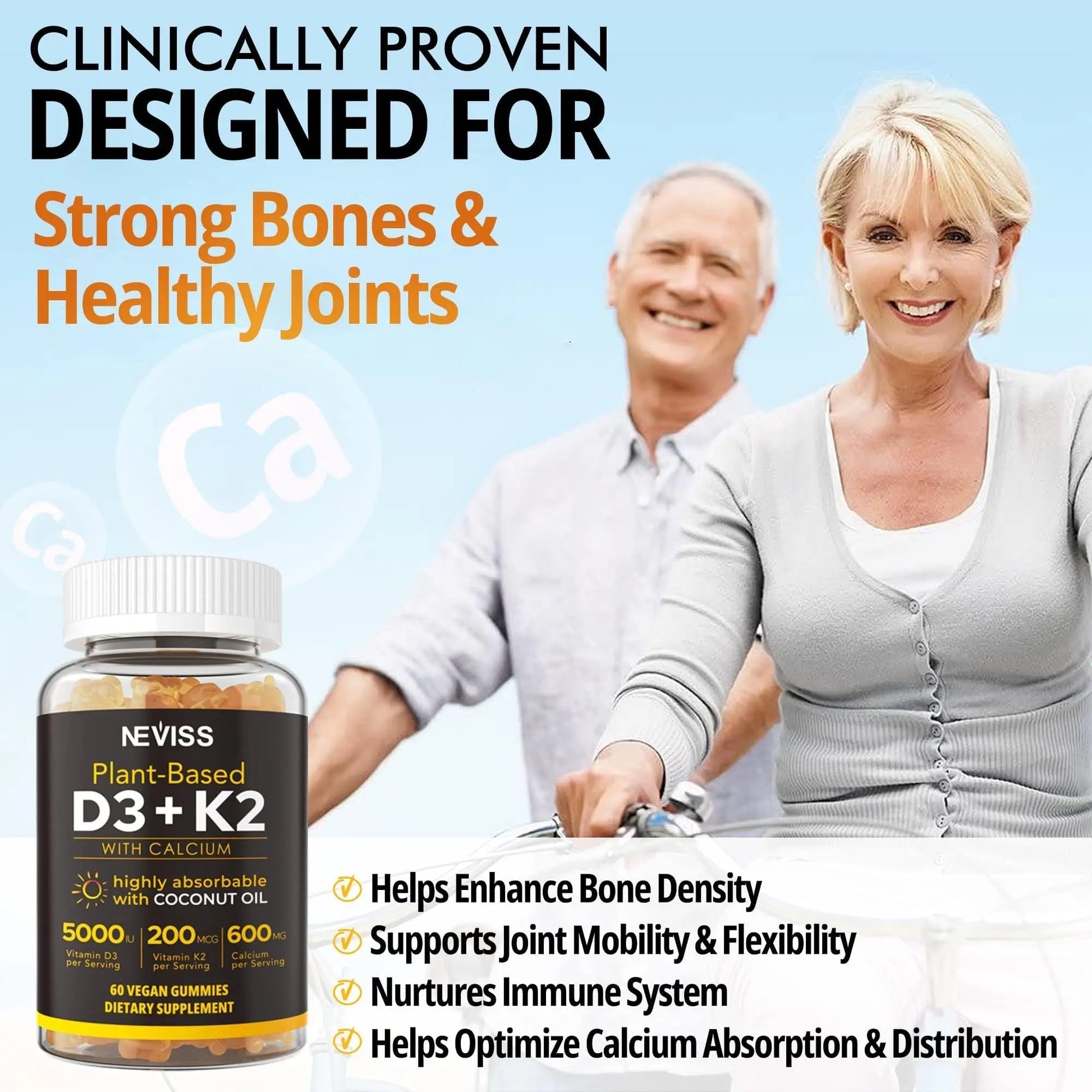 NEVISS 50+ Daily Gummy Multivitamin Algae Omega 3 & Calcium, CoQ10, Magnesium + Vitamin D3 5000IU Gummies 125mcg with Calcium 600mg, K2(MK7) 200mcg NEVISSBuy Supplements Australia