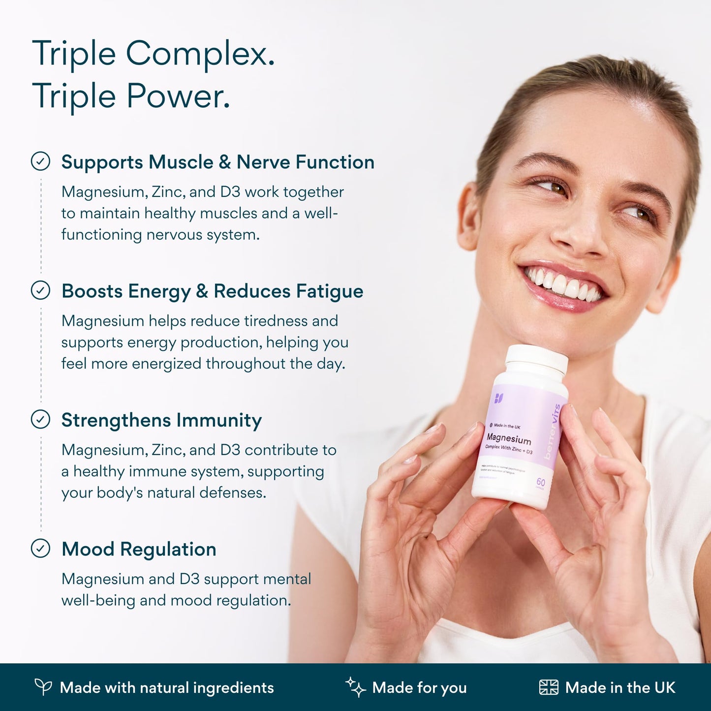 Bettervits Magnesium Glycinate Complex with Citrate Malate Zinc & Vitamin D3 | High Absorption Pure Magnesium 225mg Supplement Chelated Formula for Muscle Relaxation, Sleep Support – 60 Capsules BettervitsBuy Supplements Australia