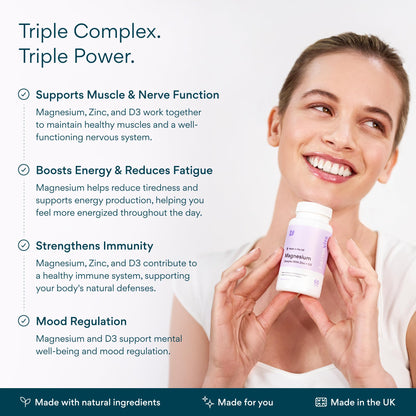 Bettervits Magnesium Glycinate Complex with Citrate Malate Zinc & Vitamin D3 | High Absorption Pure Magnesium 225mg Supplement Chelated Formula for Muscle Relaxation, Sleep Support – 60 Capsules BettervitsBuy Supplements Australia