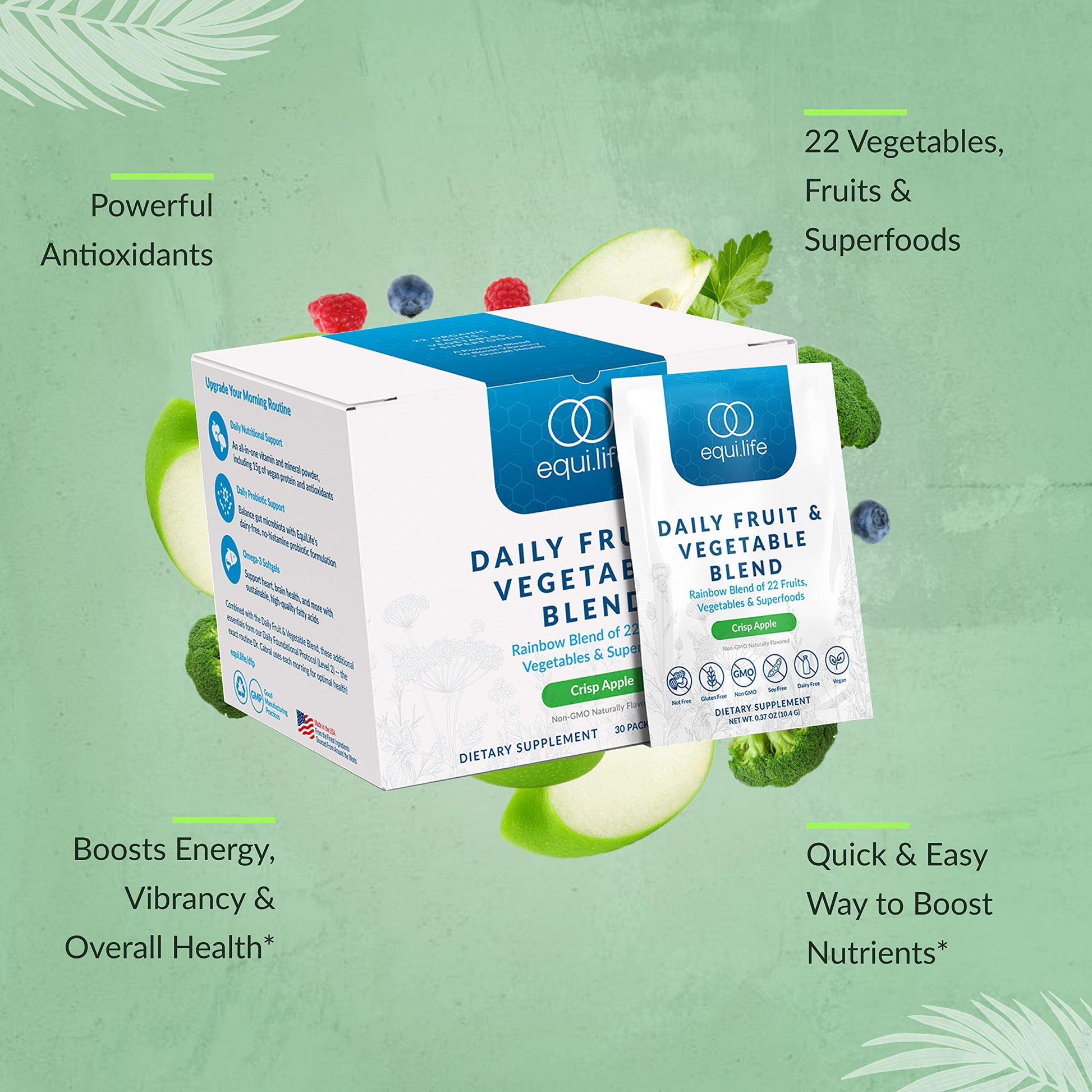 Equilife Daily Fruit & Vegetable Blend, Superfood Antioxidant Supplement, Crisp Apple Flavor with Vitamin C, Fiber, and 9 Essential Amino Acids, Supports Energy, Vegan, 14 Single Serve Packets EquilifeBuy Supplements Australia