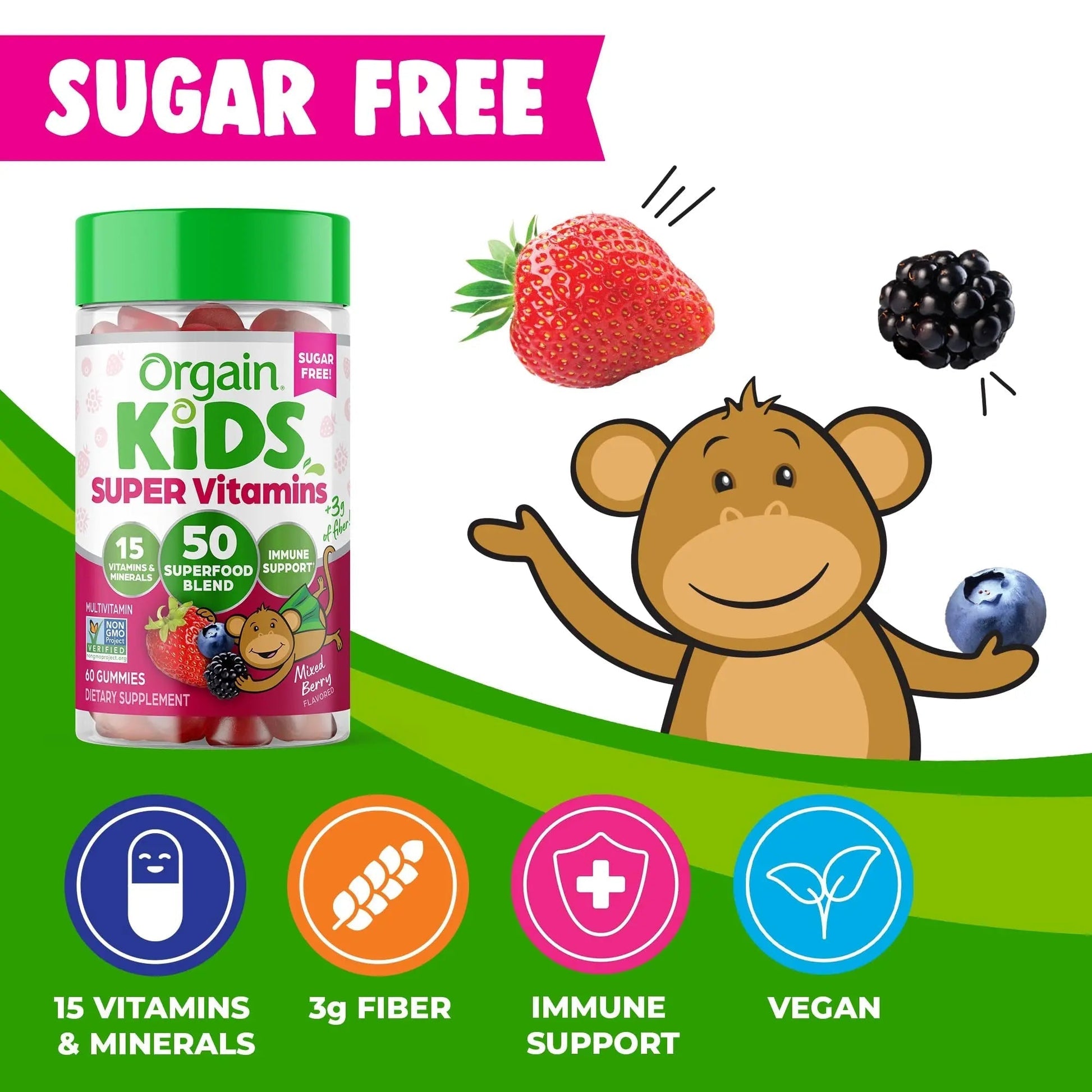 Orgain Kids Sugar Free Multivitamin Gummies, Vegan & Plant Based, 50 Superfoods, 15 Vitamins and Minerals, Immune Support and 3g of Fiber OrgainBuy Supplements Australia