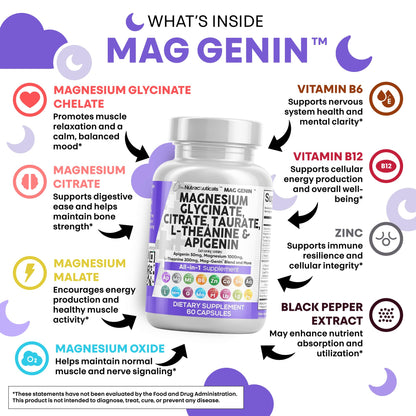 Clean Nutraceuticals Magnesium Glycinate Complex 1000mg with L-Theanine 200mg Apigenin 50mg Citrate Taurate Supplement - 5-HTP GABA Passion Flower Lemon Balm L-Glycine Phosphatidylserine - 60 Count Clean NutraceuticalsBuy Supplements Australia