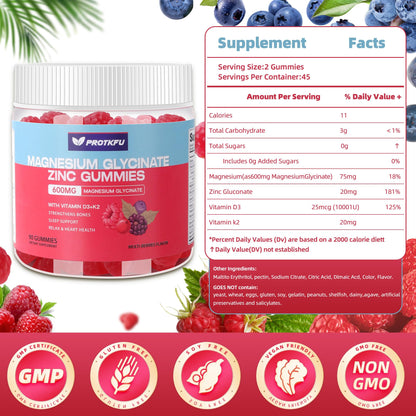 90 CT Magnesium Glycinate Gummies 600mg, Sugar Free Magnesium Gummies w/Zinc & Vitamin D3 & K2 - Magnesium Supplements for Sleep, Supports Bone Health, Nerve & Immune Function ProTKFUBuy Supplements Australia