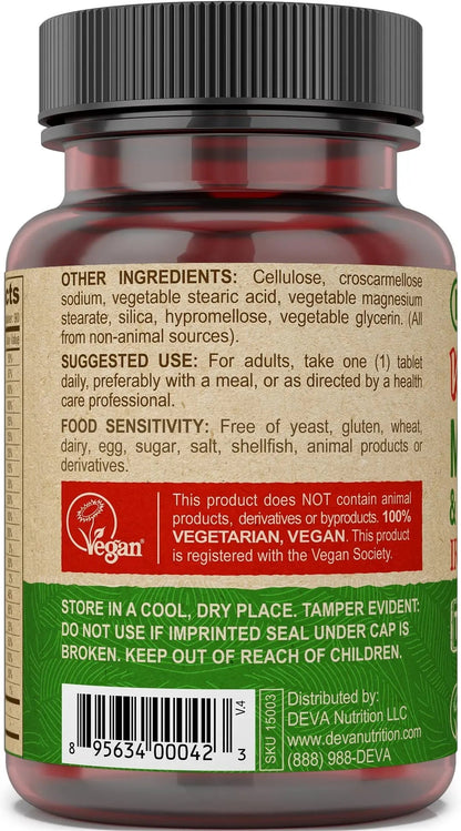 DEVA Vegan Iron-Free Multivitamin & Mineral Supplement, Vitamin C, D2, E & B-Complex, Biotin, 90 Tiny Tablets DEVA