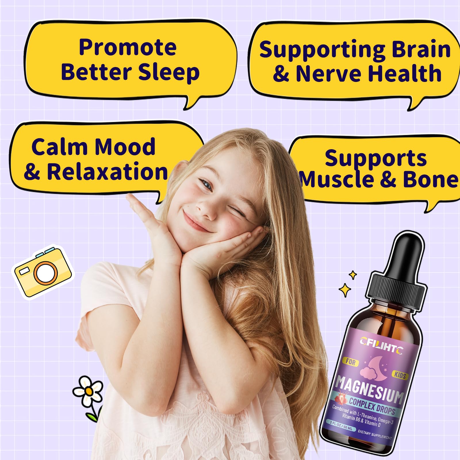 Kids Magnesium Liquid Drops-Magnesium Glycinate Liquid for Kids Supplement-w/L-theanine, Omega-3, Vitamin B6, D3 - for Sleep, Relaxation, Brain, Bones - 4 Fl Oz Children's Calm CFILIHTCBuy Supplements Australia