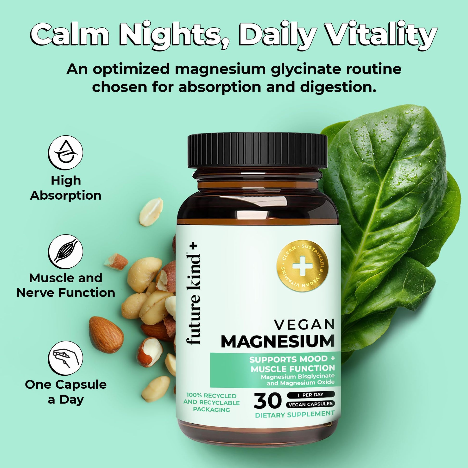 Future Kind Magnesium Glycinate, Supports Muscle and Nerve Function, High Absorption Chelated Magnesium Supplement, Nightly Calm, Energy & Metabolism, Highly Bioavailable & Potent - 30 Vegan Capsules Future KindBuy Supplements Australia