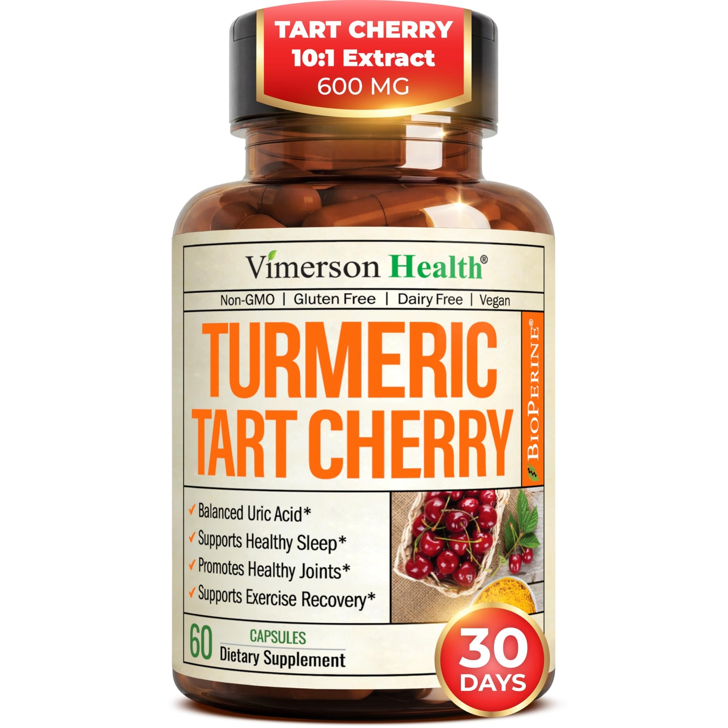 Turmeric Curcumin Supplement with 10:1 Tart Cherry Extract & Celery Seed Extract – Natural Uric Acid Balance, Joint Health & Sleep Aid – Turmeric Curcumin with Black Pepper – 60 Tart Cherry Capsules Vimerson HealthBuy Supplements Australia