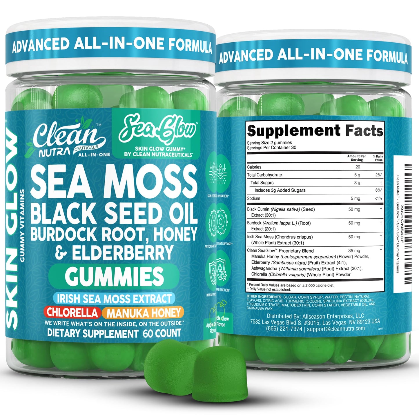 Clean Nutra Sea Moss Gummies Black Seed Oil Chlorella Ashwagandha Root Hair Growth Skin Glow Irish Sea Moss Elderberry Burdock Manuka Honey Trace Minerals Detox 60 Gummy Vitamins Sea Glow Supplement Clean NutraceuticalsBuy Supplements Australia