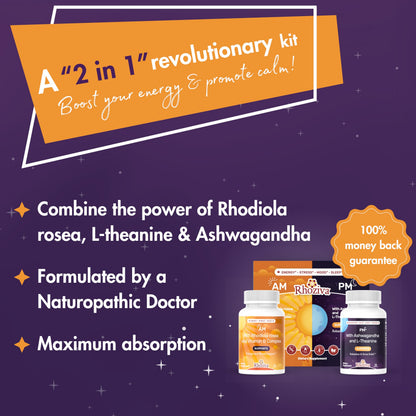 AM PM Multivitamin - Cortisol Supplements for Women and Men with L-Theanine, Ashwagandha - Rhodiola Rosea Supplement 200mg - Vitamin B Complex - Nootropics - Day and Night Vitamins for Women & Men RhozivaBuy Supplements Australia