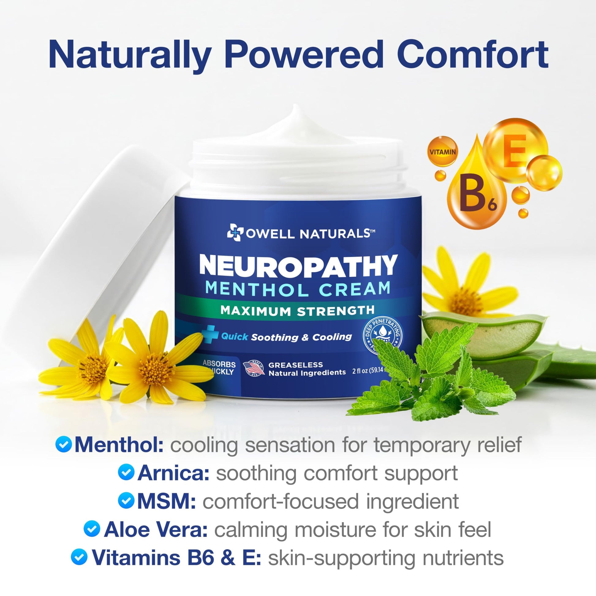 Owell Naturals Neuropathy Cream Extra Strength – Fast Absorbing Cooling for Leg, Feet & Hands – Advanced Soothing Formula with Aloe Vera, Arnica, MSM & Vitamin B6 – Made in USA, 2 fl oz Owell NaturalsBuy Supplements Australia