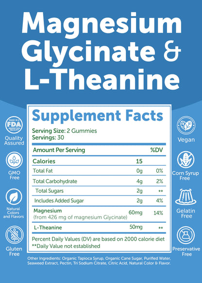 Lunakai USA Made Magnesium Glycinate Gummies with L-Theanine for Kids & Adults – 420mg Magnesium Supplement for Calm