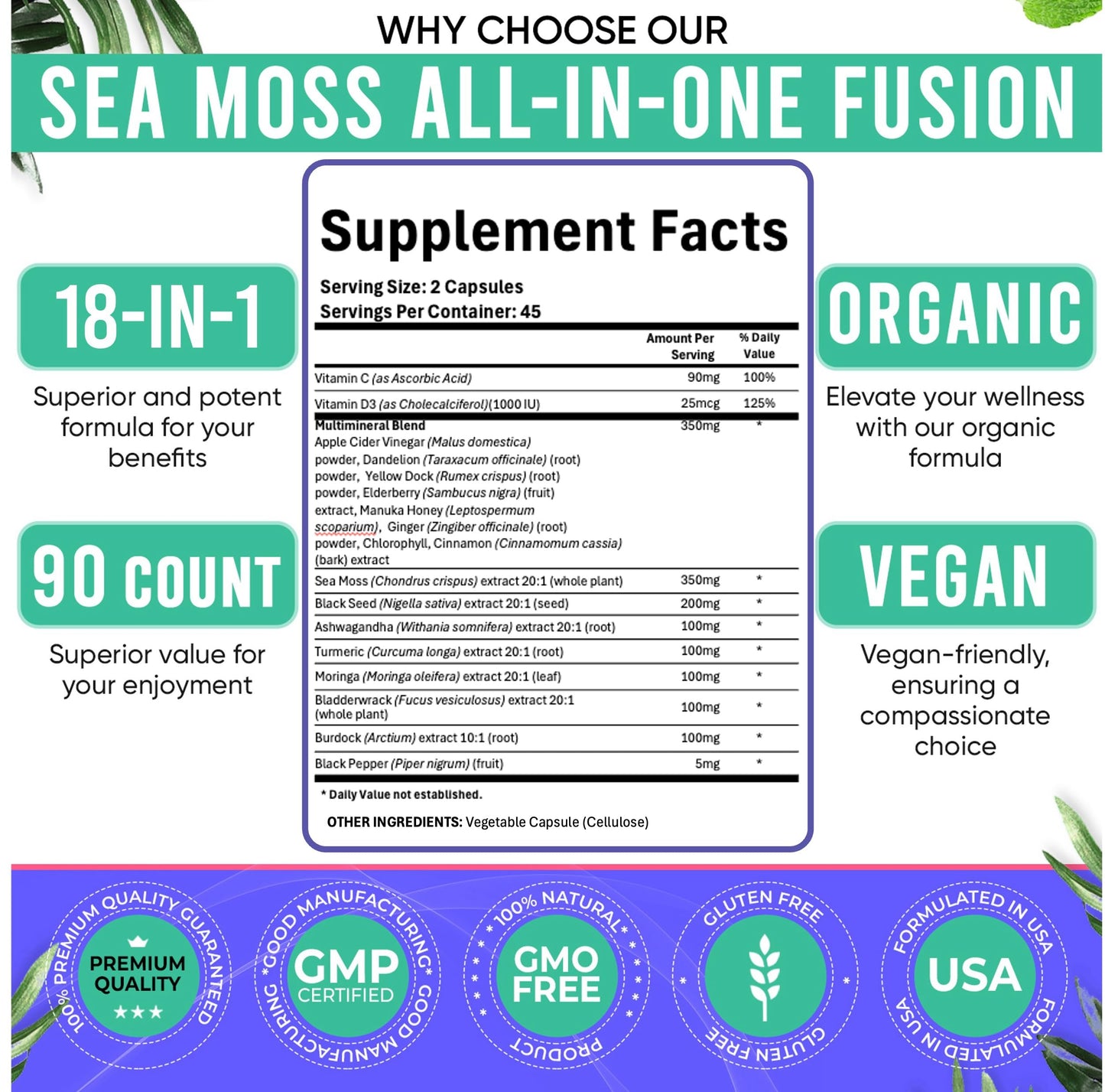 Adndale Sea Moss Capsules - Sea Moss Blend with Ashwagandha, Turmeric & Black Seed Oil - 180 Count AdndaleBuy Supplements Australia